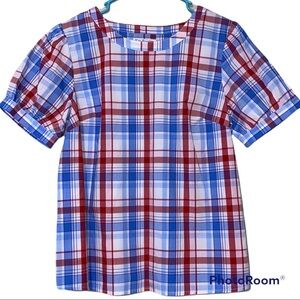 Kim Rogers petite small womens blouse red white blue plaid design round neck new